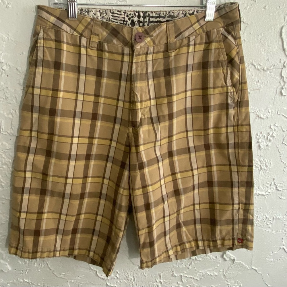 Quiksilver Shorts Mens 31 Brown Tan White Plaid Chino Outdoor Golf Golfer Casual